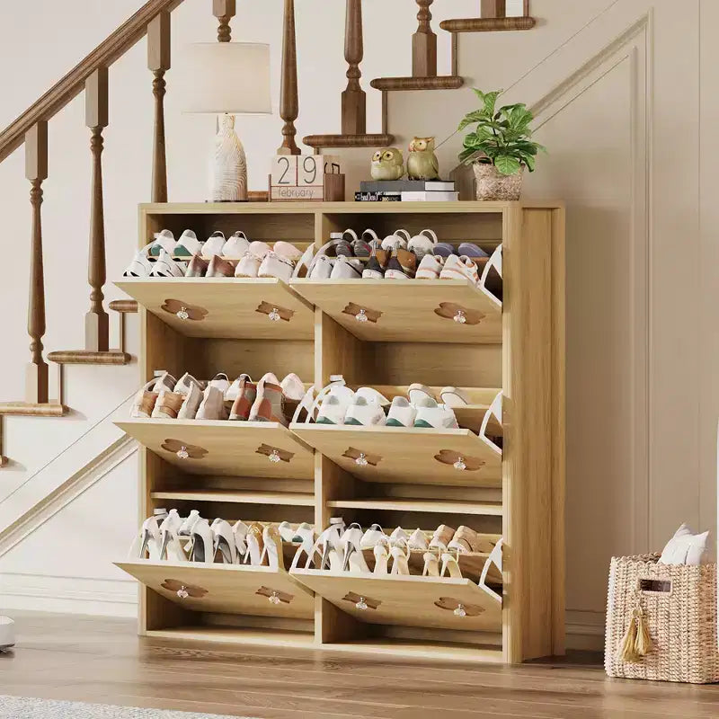 Meuble à chaussures en bois avec 6 tiroirs basculants, étagères réglables, motif floral, poignée en diamant, organisateur de rangement autoportant et mince pour entrée