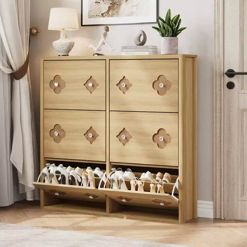 Meuble à chaussures en bois avec 6 tiroirs basculants, étagères réglables, motif floral, poignée en diamant, organisateur de rangement autoportant et mince pour entrée