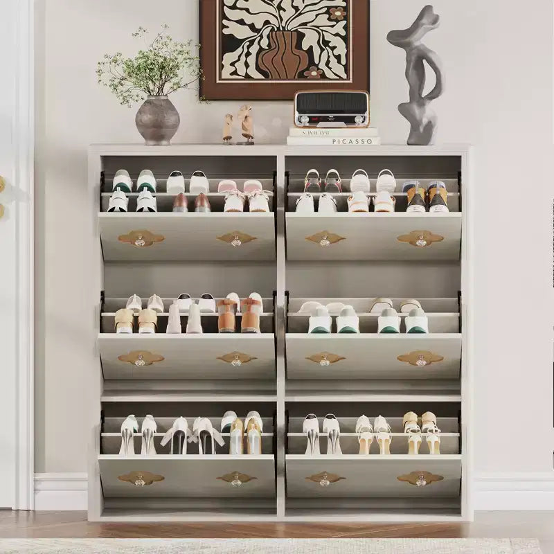 Meuble à chaussures en bois avec 6 tiroirs basculants, étagères réglables, motif floral, poignée en diamant, organisateur de rangement autoportant et mince pour entrée