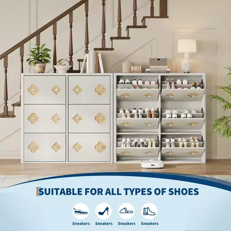 Meuble à chaussures en bois avec 6 tiroirs basculants, étagères réglables, motif floral, poignée en diamant, organisateur de rangement autoportant et mince pour entrée