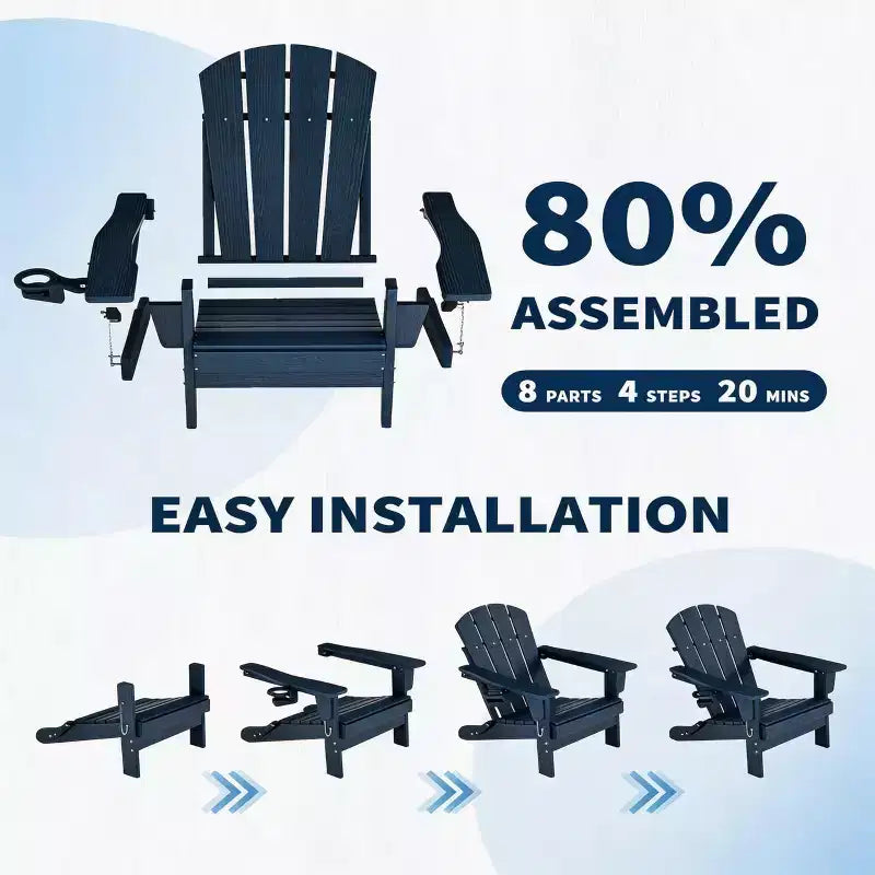 Chaise Adirondack pliante avec table d'appoint de patio à 2 niveaux de rangement, texturée en bois résistant pour les sièges de patio extérieur pour terrasse, jardin, pelouse, foyer.