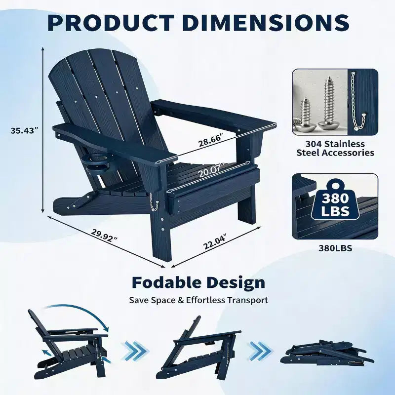 Chaise Adirondack pliante avec table d'appoint de patio à 2 niveaux de rangement, texturée en bois résistant pour les sièges de patio extérieur pour terrasse, jardin, pelouse, foyer.