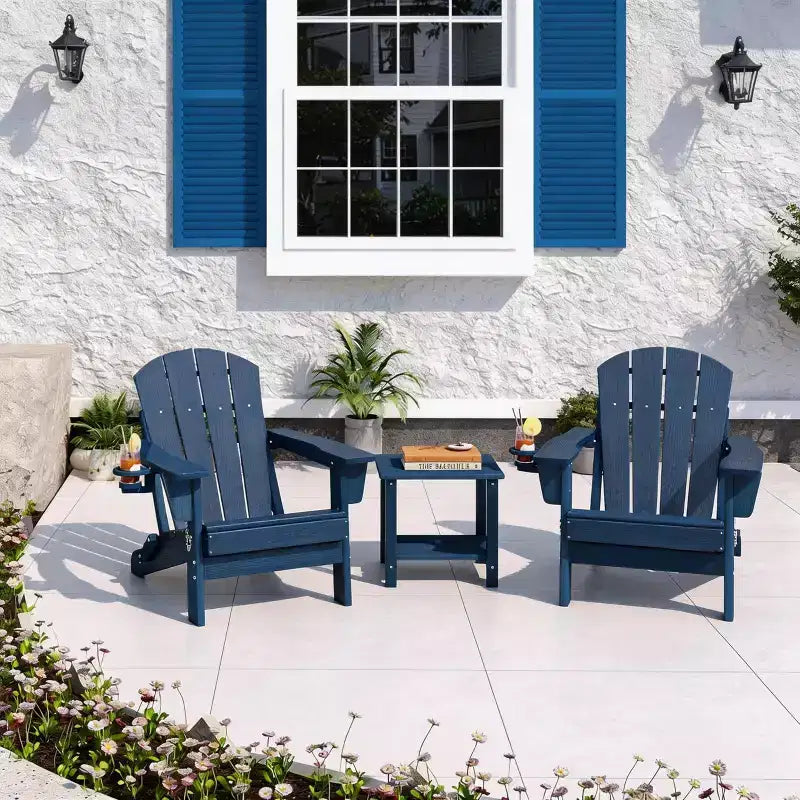 Chaise Adirondack pliante avec table d'appoint de patio à 2 niveaux de rangement, texturée en bois résistant pour les sièges de patio extérieur pour terrasse, jardin, pelouse, foyer.