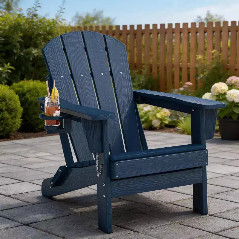 Chaise Adirondack pliante avec table d'appoint de patio à 2 niveaux de rangement, texturée en bois résistant pour les sièges de patio extérieur pour terrasse, jardin, pelouse, foyer.