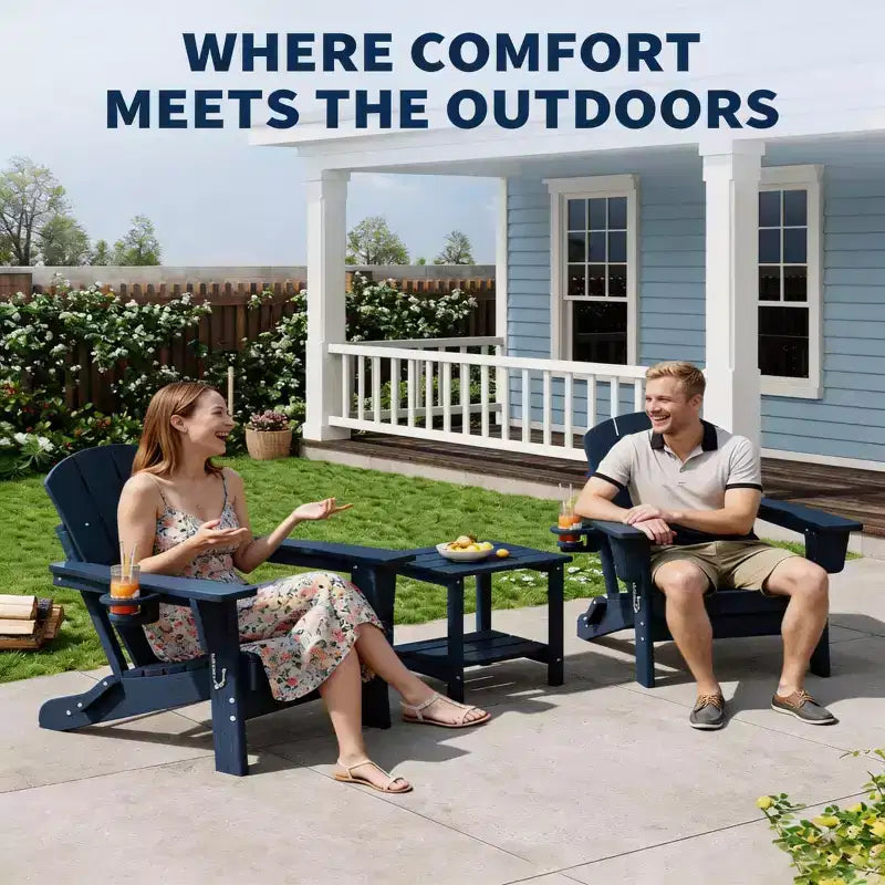 Chaise Adirondack pliante avec table d'appoint de patio à 2 niveaux de rangement, texturée en bois résistant pour les sièges de patio extérieur pour terrasse, jardin, pelouse, foyer.