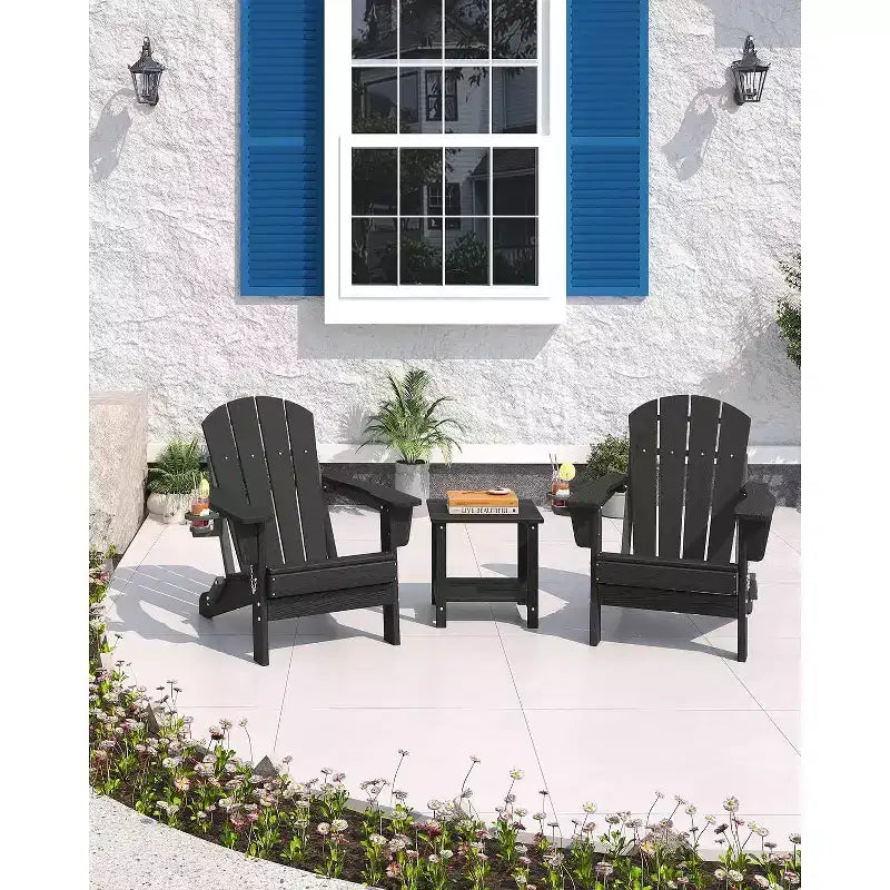 Chaise Adirondack pliante avec table d'appoint de patio à 2 niveaux de rangement, texturée en bois résistant pour les sièges de patio extérieur pour terrasse, jardin, pelouse, foyer.