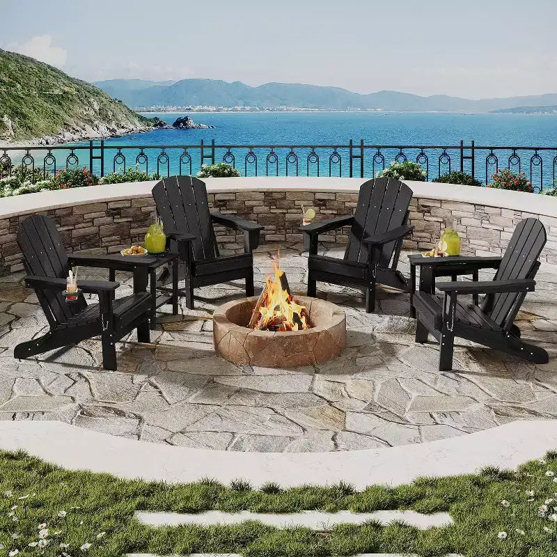Chaise Adirondack pliante avec table d'appoint de patio à 2 niveaux de rangement, texturée en bois résistant pour les sièges de patio extérieur pour terrasse, jardin, pelouse, foyer.