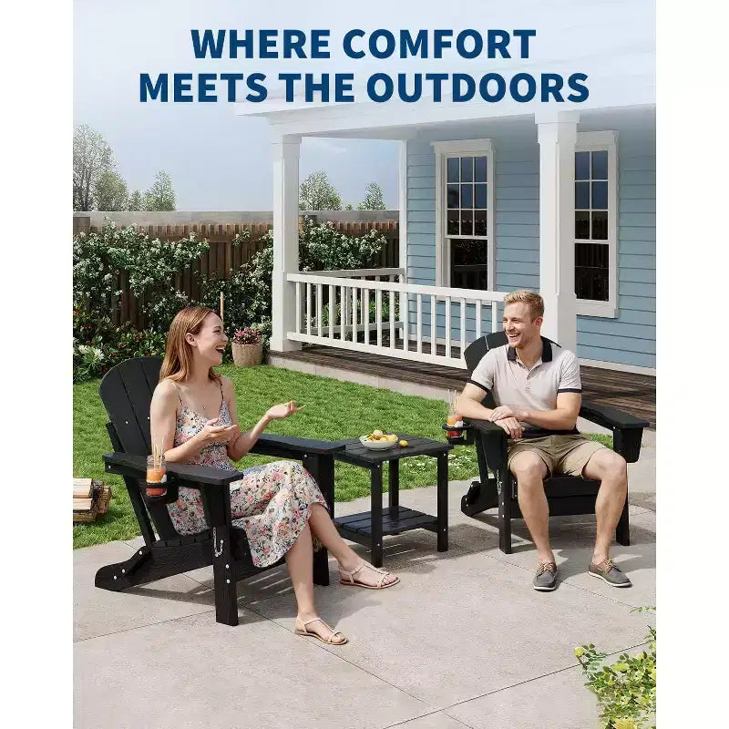Chaise Adirondack pliante avec table d'appoint de patio à 2 niveaux de rangement, texturée en bois résistant pour les sièges de patio extérieur pour terrasse, jardin, pelouse, foyer.