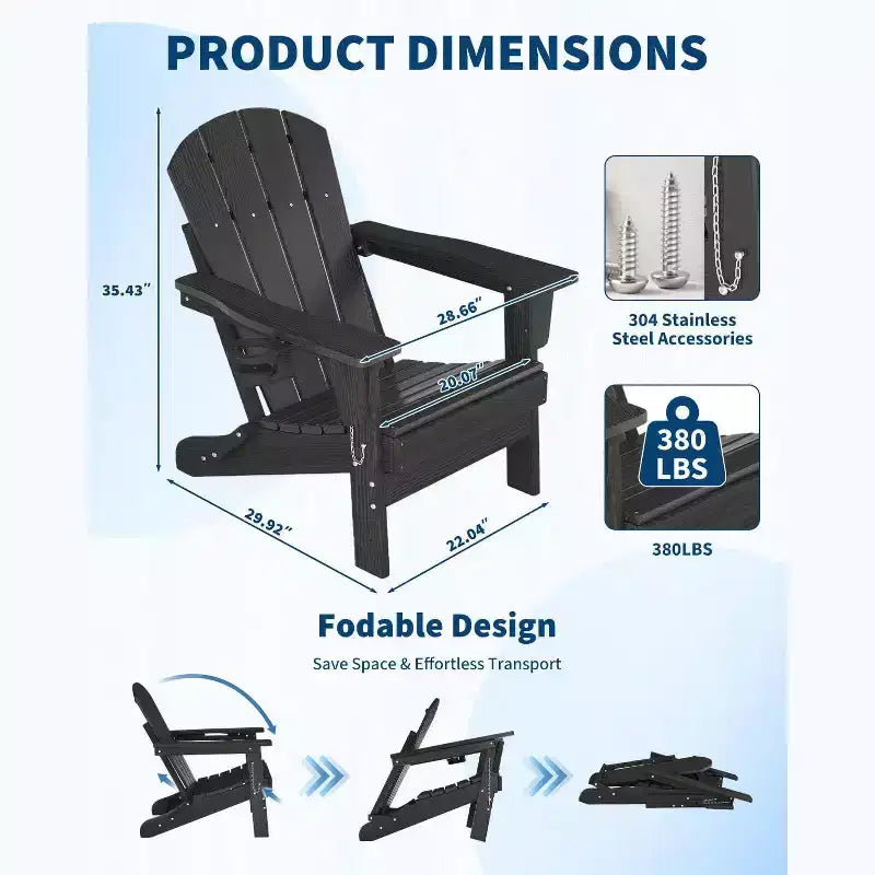 Chaise Adirondack pliante avec table d'appoint de patio à 2 niveaux de rangement, texturée en bois résistant pour les sièges de patio extérieur pour terrasse, jardin, pelouse, foyer.