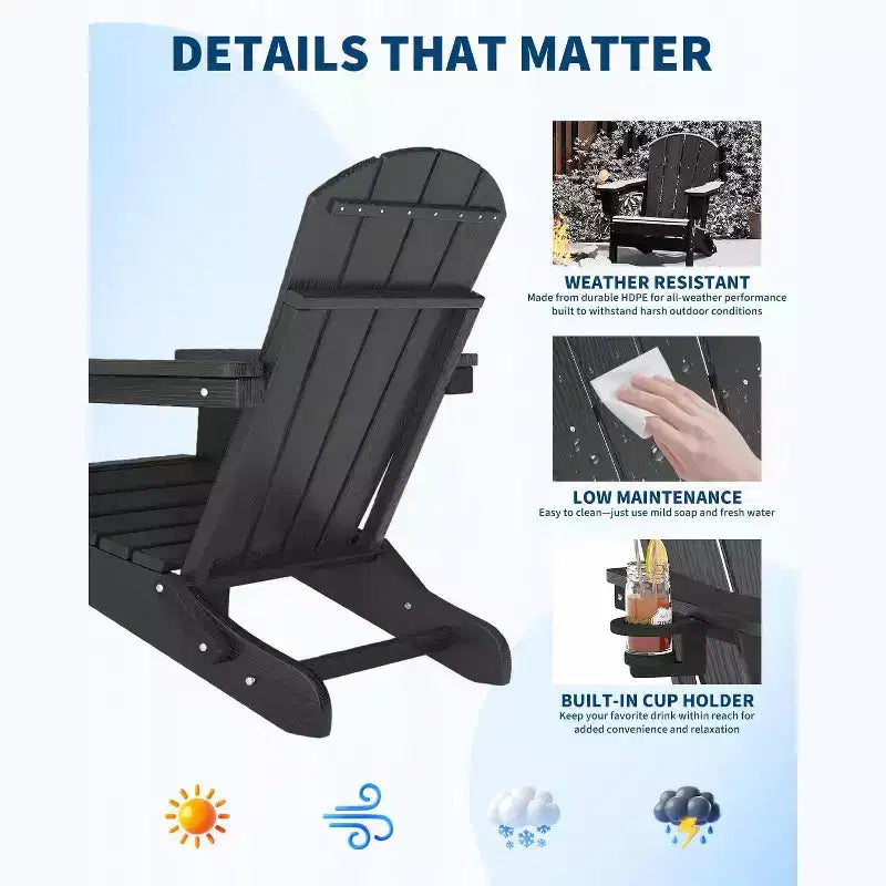 Chaise Adirondack pliante avec table d'appoint de patio à 2 niveaux de rangement, texturée en bois résistant pour les sièges de patio extérieur pour terrasse, jardin, pelouse, foyer.
