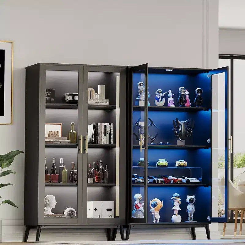 COZONY Meuble vitrine en verre 65 avec portes, étagère de rangement 4 niveaux avec verre trempé et design anti-basculement pour objets de collection et livres