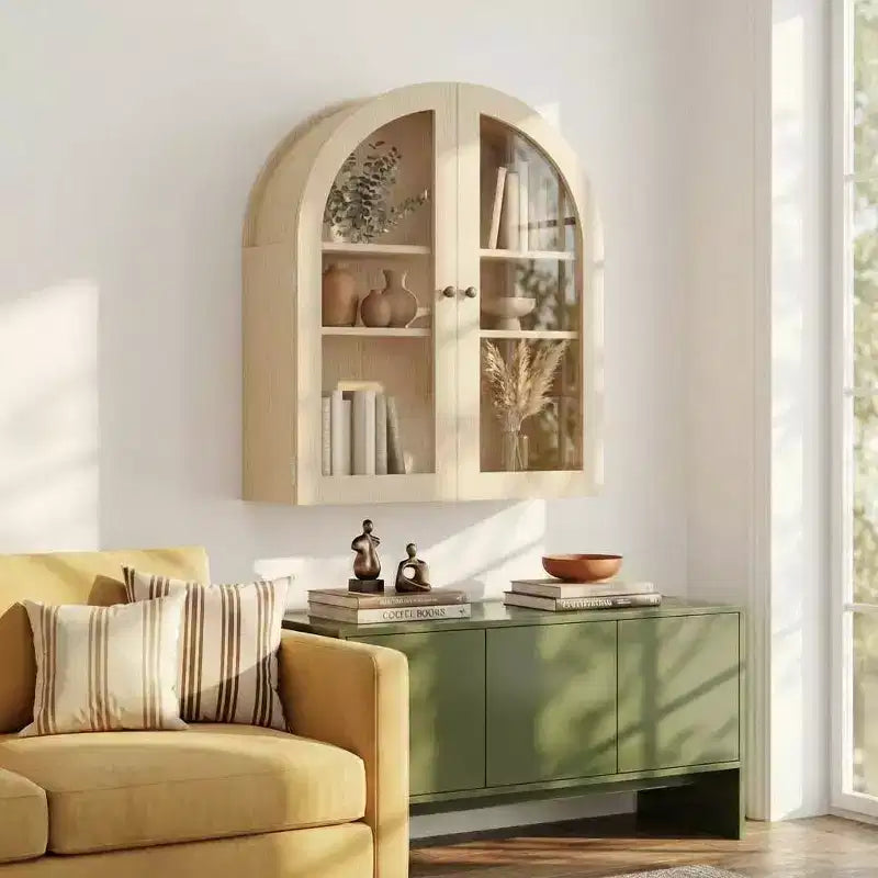 Meuble de salle de bain mural arqué avec portes vitrées, armoire à pharmacie rustique en bois avec étagères réglables, meuble de rangement au-dessus des toilettes pour salle de bain