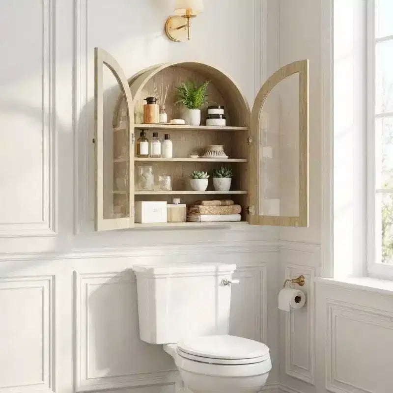 Meuble de salle de bain mural arqué avec portes vitrées, armoire à pharmacie rustique en bois avec étagères réglables, meuble de rangement au-dessus des toilettes pour salle de bain