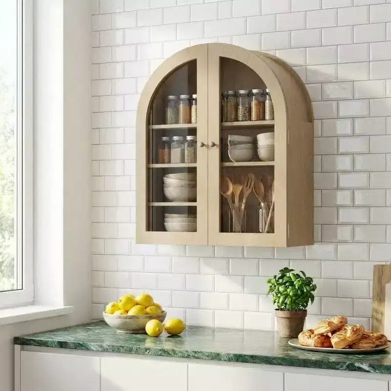 Meuble de salle de bain mural arqué avec portes vitrées, armoire à pharmacie rustique en bois avec étagères réglables, meuble de rangement au-dessus des toilettes pour salle de bain
