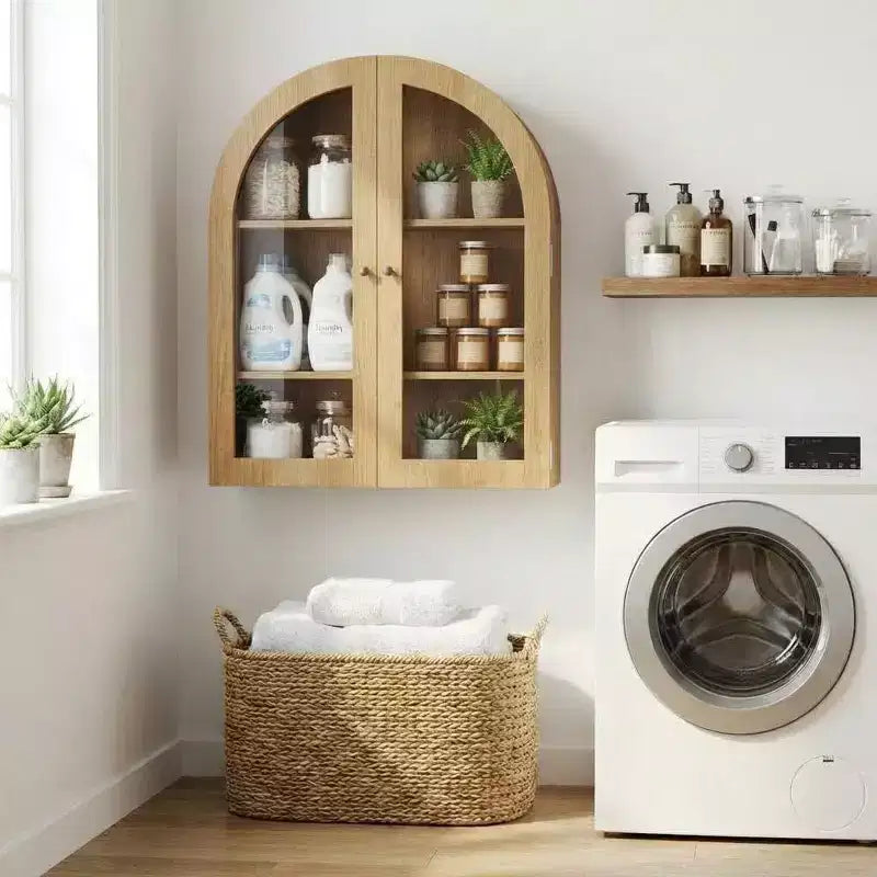 Meuble de salle de bain mural arqué avec portes vitrées, armoire à pharmacie rustique en bois avec étagères réglables, meuble de rangement au-dessus des toilettes pour salle de bain