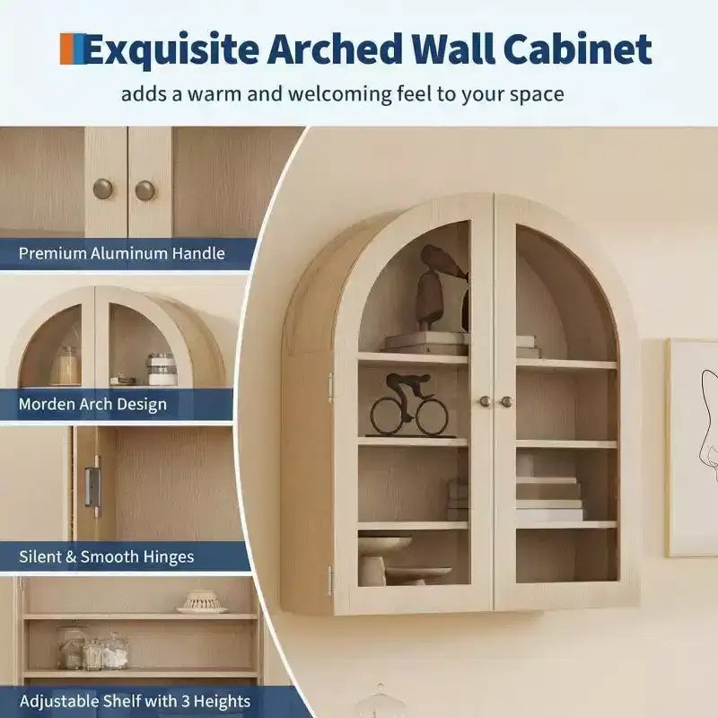 Meuble de salle de bain mural arqué avec portes vitrées, armoire à pharmacie rustique en bois avec étagères réglables, meuble de rangement au-dessus des toilettes pour salle de bain