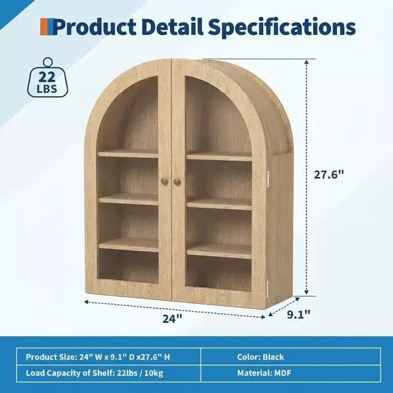 Meuble de salle de bain mural arqué avec portes vitrées, armoire à pharmacie rustique en bois avec étagères réglables, meuble de rangement au-dessus des toilettes pour salle de bain