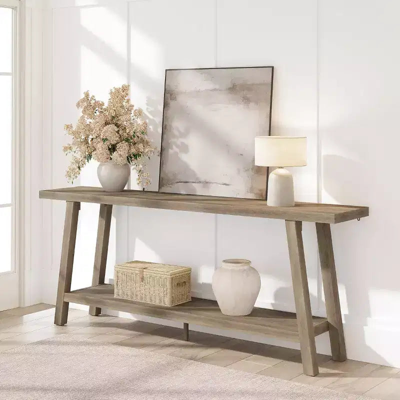 Table console de ferme extra longue de 71", table de canapé rectangulaire marron à 2 niveaux pour entrée, meuble d'appoint robuste en bois pour salon et couloir