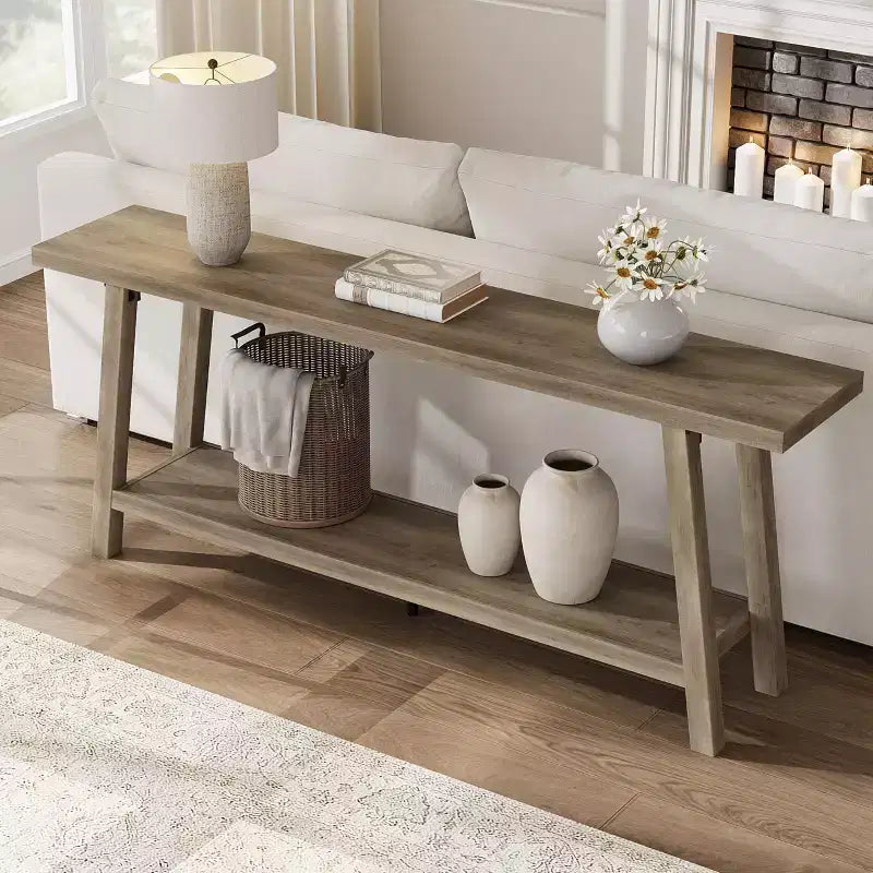 Table console de ferme extra longue de 71", table de canapé rectangulaire marron à 2 niveaux pour entrée, meuble d'appoint robuste en bois pour salon et couloir