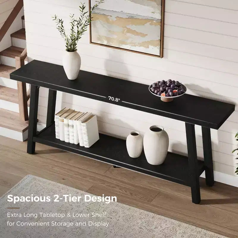Table console de ferme extra longue de 71", table de canapé rectangulaire marron à 2 niveaux pour entrée, meuble d'appoint robuste en bois pour salon et couloir