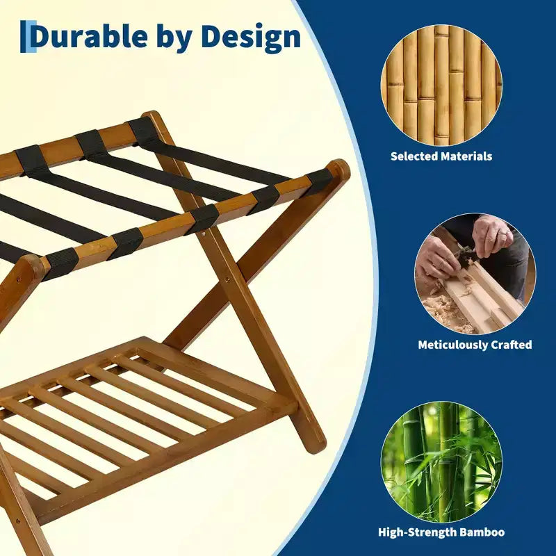 Porte-bagages pliant en bambou avec étagère de rangement 5 sangles en nylon durables Supporte 68 kg Support peu encombrant pour chambre à coucher, chambre d'amis, hôtel