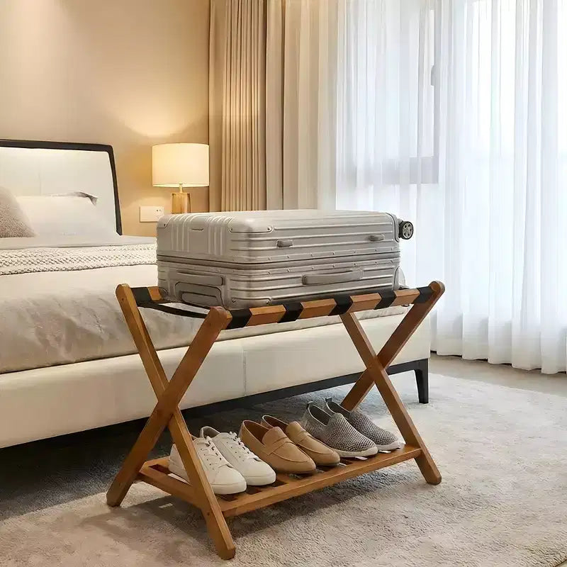 Porte-bagages pliant en bambou avec étagère de rangement 5 sangles en nylon durables Supporte 68 kg Support peu encombrant pour chambre à coucher, chambre d'amis, hôtel