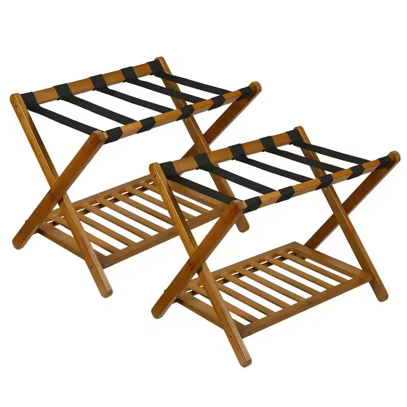Porte-bagages pliant en bambou avec étagère de rangement 5 sangles en nylon durables Supporte 68 kg Support peu encombrant pour chambre à coucher, chambre d'amis, hôtel