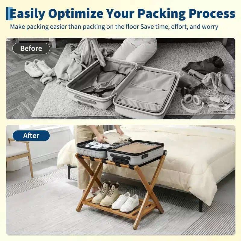 Porte-bagages pliant en bambou avec étagère de rangement 5 sangles en nylon durables Supporte 68 kg Support peu encombrant pour chambre à coucher, chambre d'amis, hôtel