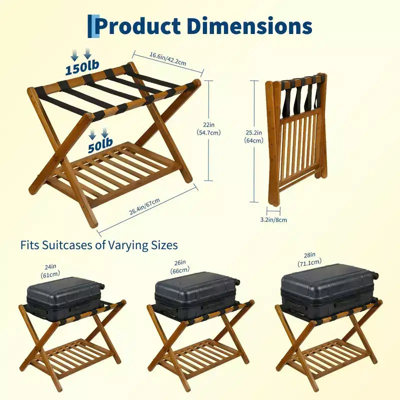 Porte-bagages pliant en bambou avec étagère de rangement 5 sangles en nylon durables Supporte 68 kg Support peu encombrant pour chambre à coucher, chambre d'amis, hôtel