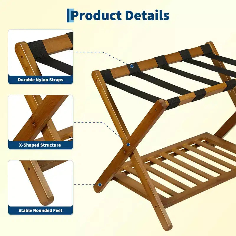 Porte-bagages pliant en bambou avec étagère de rangement 5 sangles en nylon durables Supporte 68 kg Support peu encombrant pour chambre à coucher, chambre d'amis, hôtel