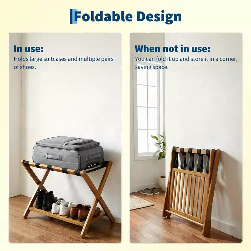 Porte-bagages pliant en bambou avec étagère de rangement 5 sangles en nylon durables Supporte 68 kg Support peu encombrant pour chambre à coucher, chambre d'amis, hôtel