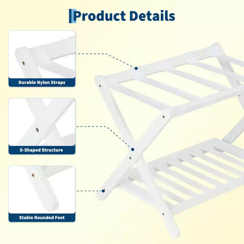 Porte-bagages pliant en bambou avec étagère de rangement 5 sangles en nylon durables Supporte 68 kg Support peu encombrant pour chambre à coucher, chambre d'amis, hôtel