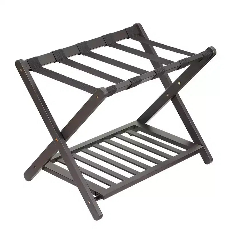 Porte-bagages pliant en bambou avec étagère de rangement 5 sangles en nylon durables Supporte 68 kg Support peu encombrant pour chambre à coucher, chambre d'amis, hôtel