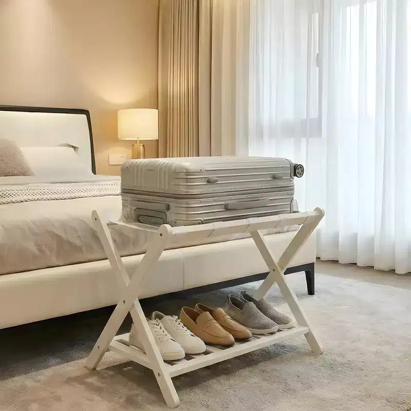 Porte-bagages pliant en bambou avec étagère de rangement 5 sangles en nylon durables Supporte 68 kg Support peu encombrant pour chambre à coucher, chambre d'amis, hôtel