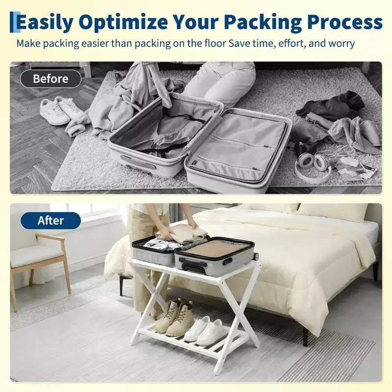 Porte-bagages pliant en bambou avec étagère de rangement 5 sangles en nylon durables Supporte 68 kg Support peu encombrant pour chambre à coucher, chambre d'amis, hôtel