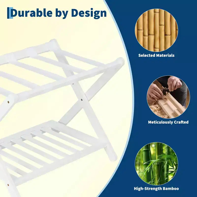 Porte-bagages pliant en bambou avec étagère de rangement 5 sangles en nylon durables Supporte 68 kg Support peu encombrant pour chambre à coucher, chambre d'amis, hôtel