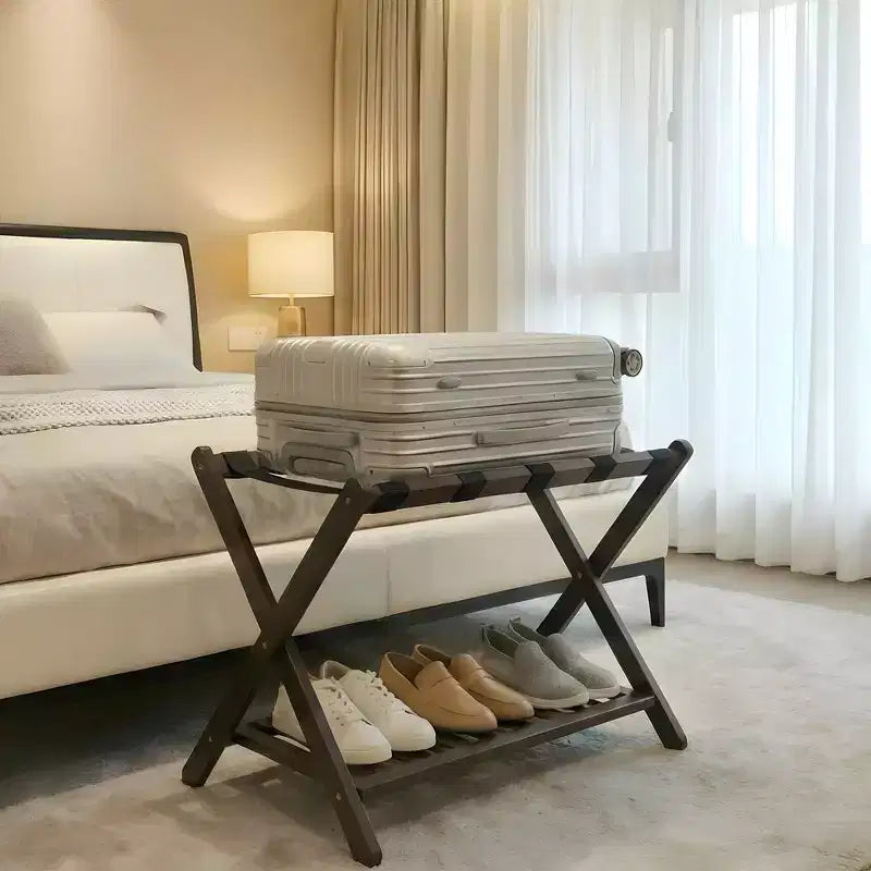 Porte-bagages pliant en bambou avec étagère de rangement 5 sangles en nylon durables Supporte 68 kg Support peu encombrant pour chambre à coucher, chambre d'amis, hôtel