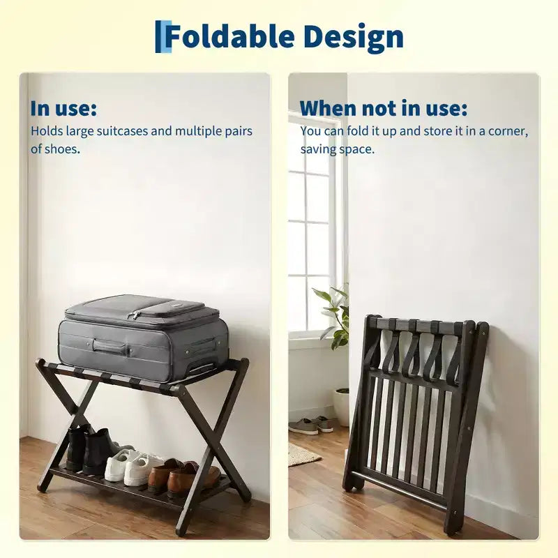 Porte-bagages pliant en bambou avec étagère de rangement 5 sangles en nylon durables Supporte 68 kg Support peu encombrant pour chambre à coucher, chambre d'amis, hôtel