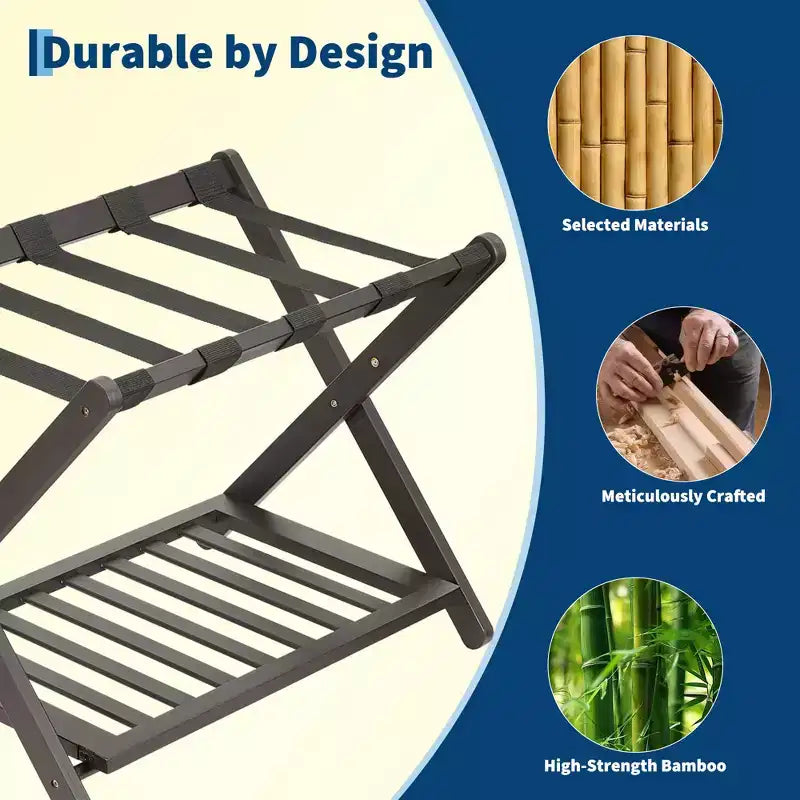 Porte-bagages pliant en bambou avec étagère de rangement 5 sangles en nylon durables Supporte 68 kg Support peu encombrant pour chambre à coucher, chambre d'amis, hôtel