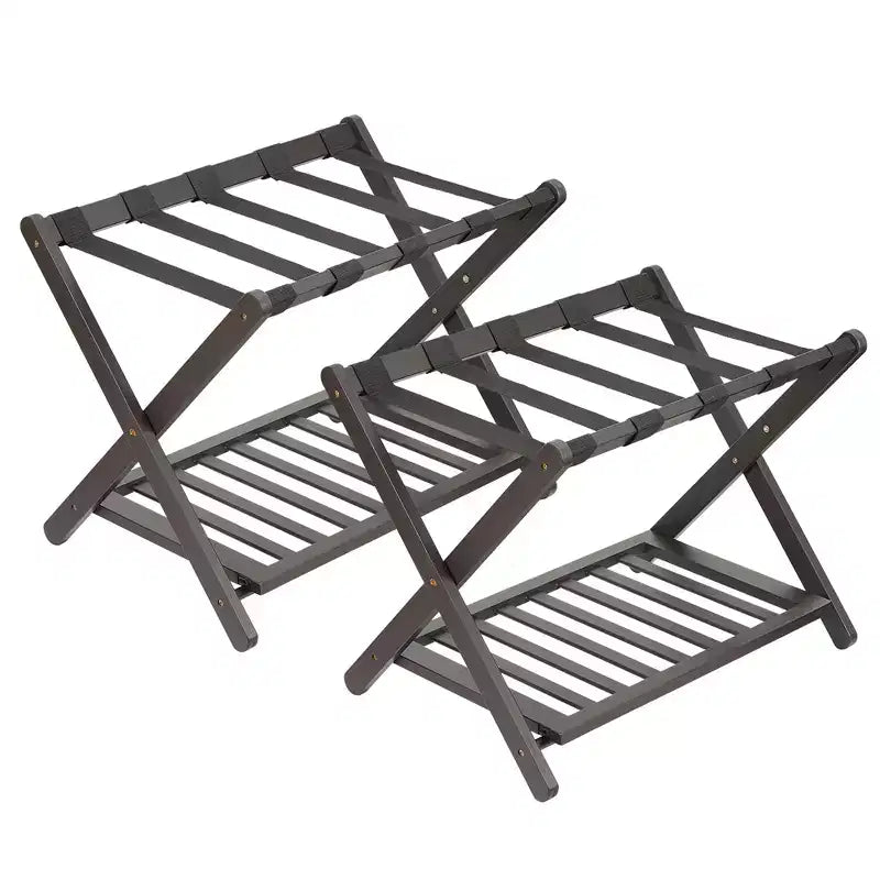 Porte-bagages pliant en bambou avec étagère de rangement 5 sangles en nylon durables Supporte 68 kg Support peu encombrant pour chambre à coucher, chambre d'amis, hôtel