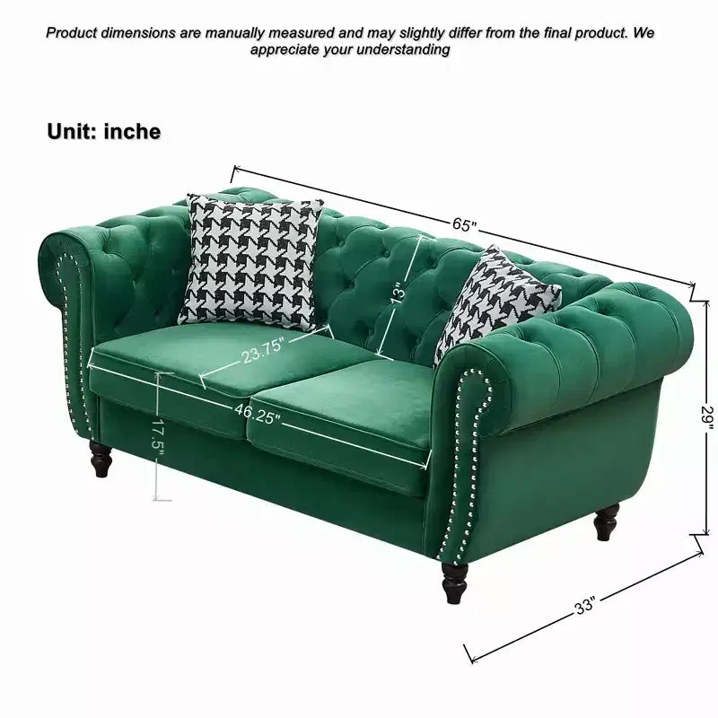 Canapé Chesterfield en velours avec accoudoirs roulés et clouté
