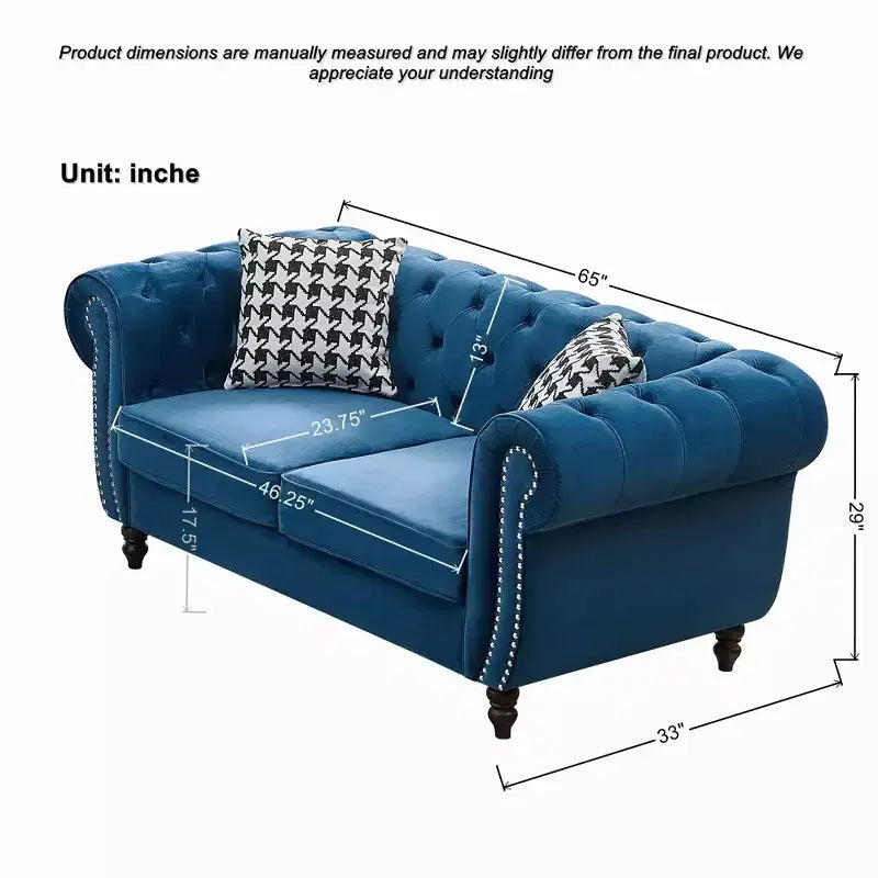 Canapé Chesterfield en velours avec accoudoirs roulés et clouté