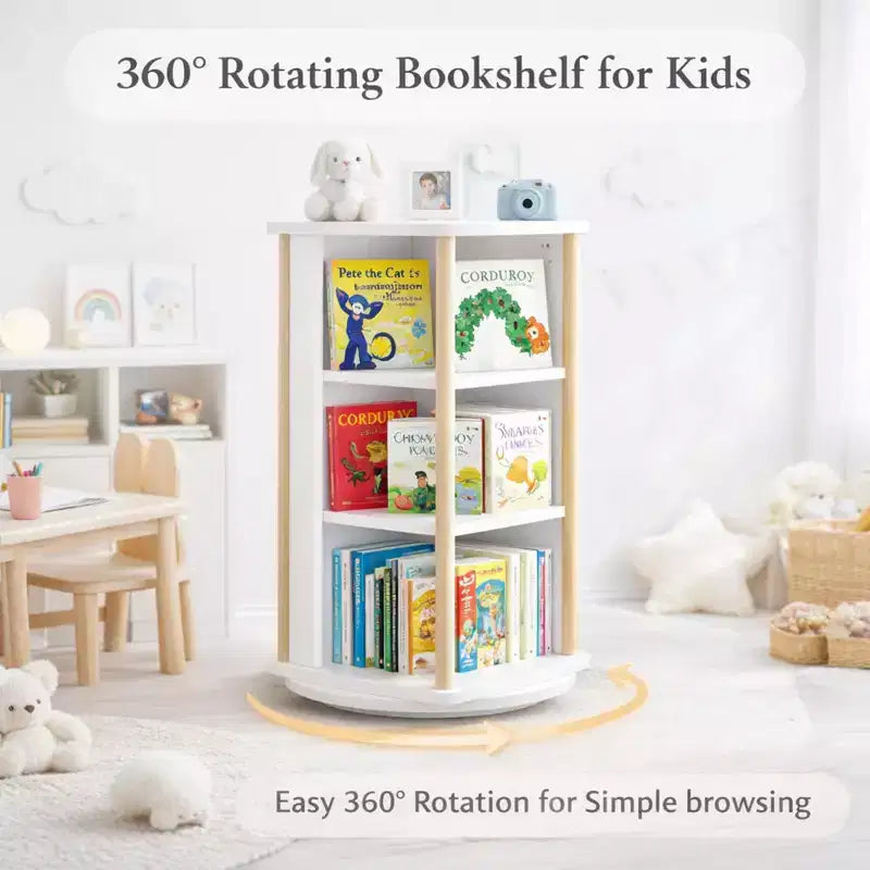 Bibliothèque rotative à 360° pour enfants avec tableau, étagère à livres rotative en bois à 3 niveaux et organiseur de jouets pour chambre de bébé et salle de jeux