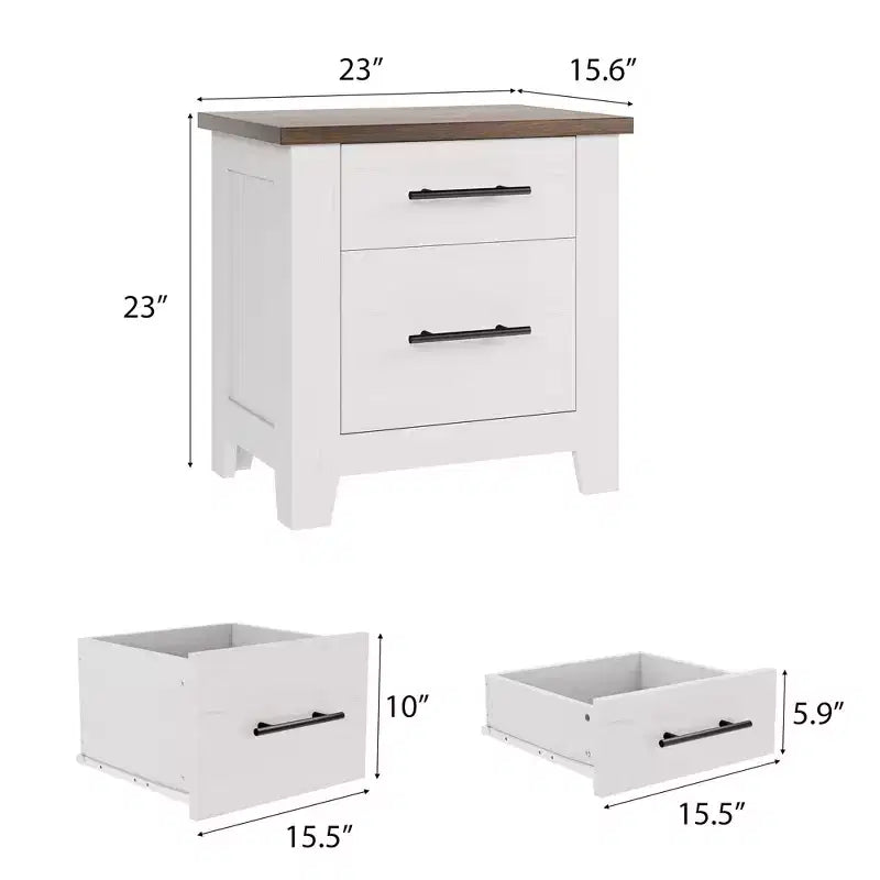 Table de chevet avec 2 tiroirs, table de chevet rustique avec plateau marron, blanc vieilli, supporte 77 kg