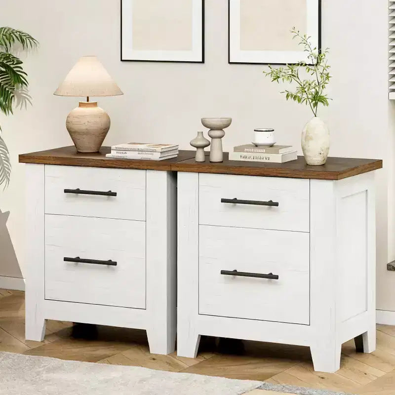Table de chevet avec 2 tiroirs, table de chevet rustique avec plateau marron, blanc vieilli, supporte 77 kg