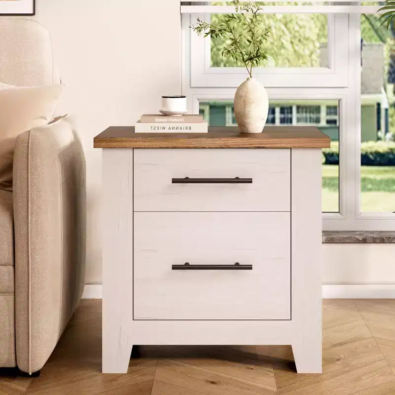 Table de chevet avec 2 tiroirs, table de chevet rustique avec plateau marron, blanc vieilli, supporte 77 kg