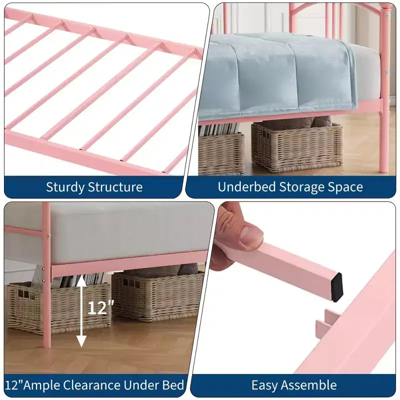 Lit banquette double avec sommier à lattes en acier, rangement sous le lit et tête de lit cintrée, cadre en métal rose, pour chambre/salon, lit d'appoint
