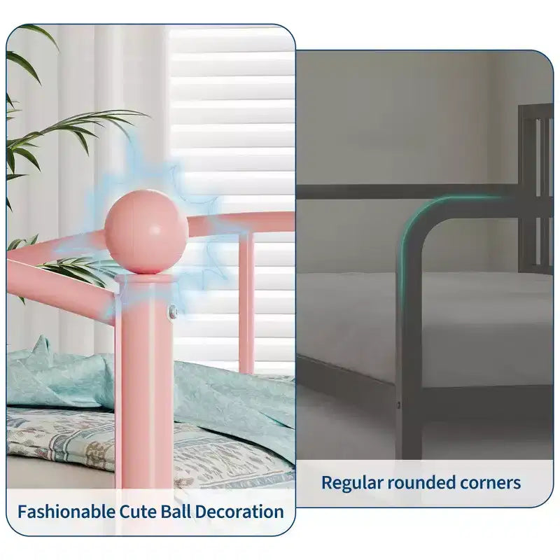 Lit banquette double avec sommier à lattes en acier, rangement sous le lit et tête de lit cintrée, cadre en métal rose, pour chambre/salon, lit d'appoint