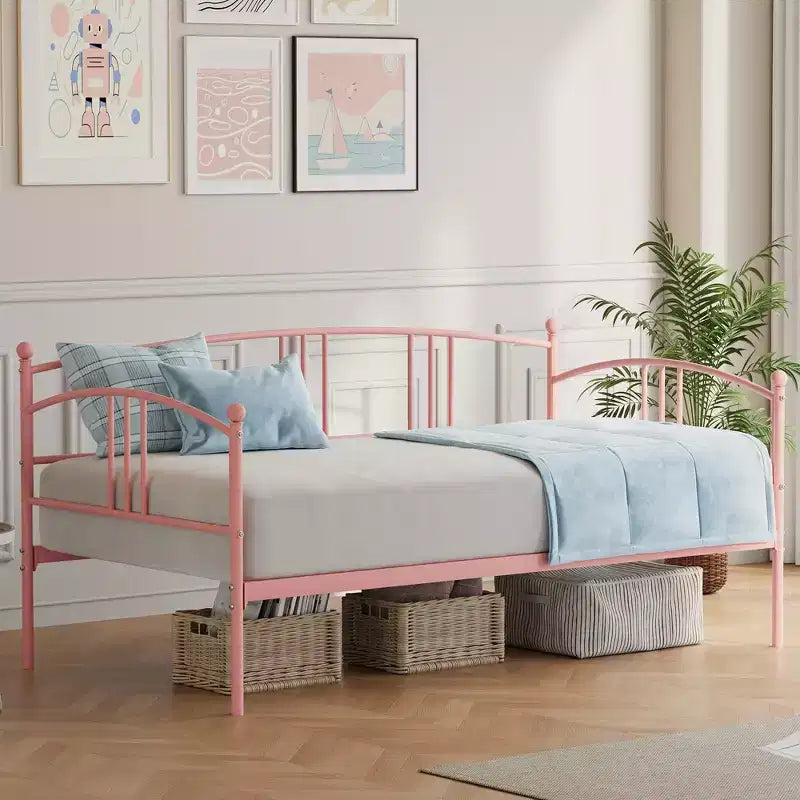 Lit banquette double avec sommier à lattes en acier, rangement sous le lit et tête de lit cintrée, cadre en métal rose, pour chambre/salon, lit d'appoint