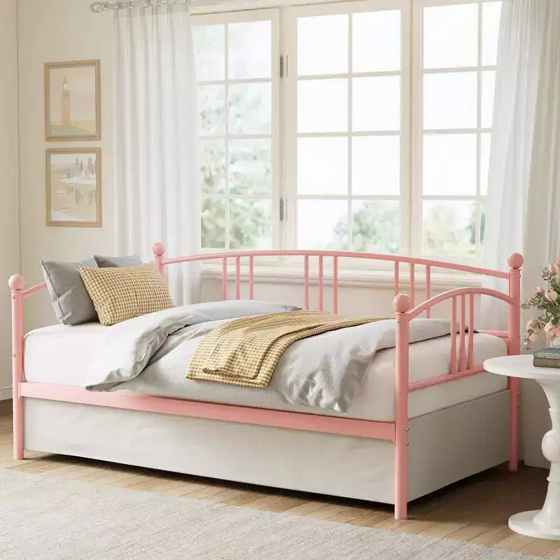 Lit banquette double avec sommier à lattes en acier, rangement sous le lit et tête de lit cintrée, cadre en métal rose, pour chambre/salon, lit d'appoint